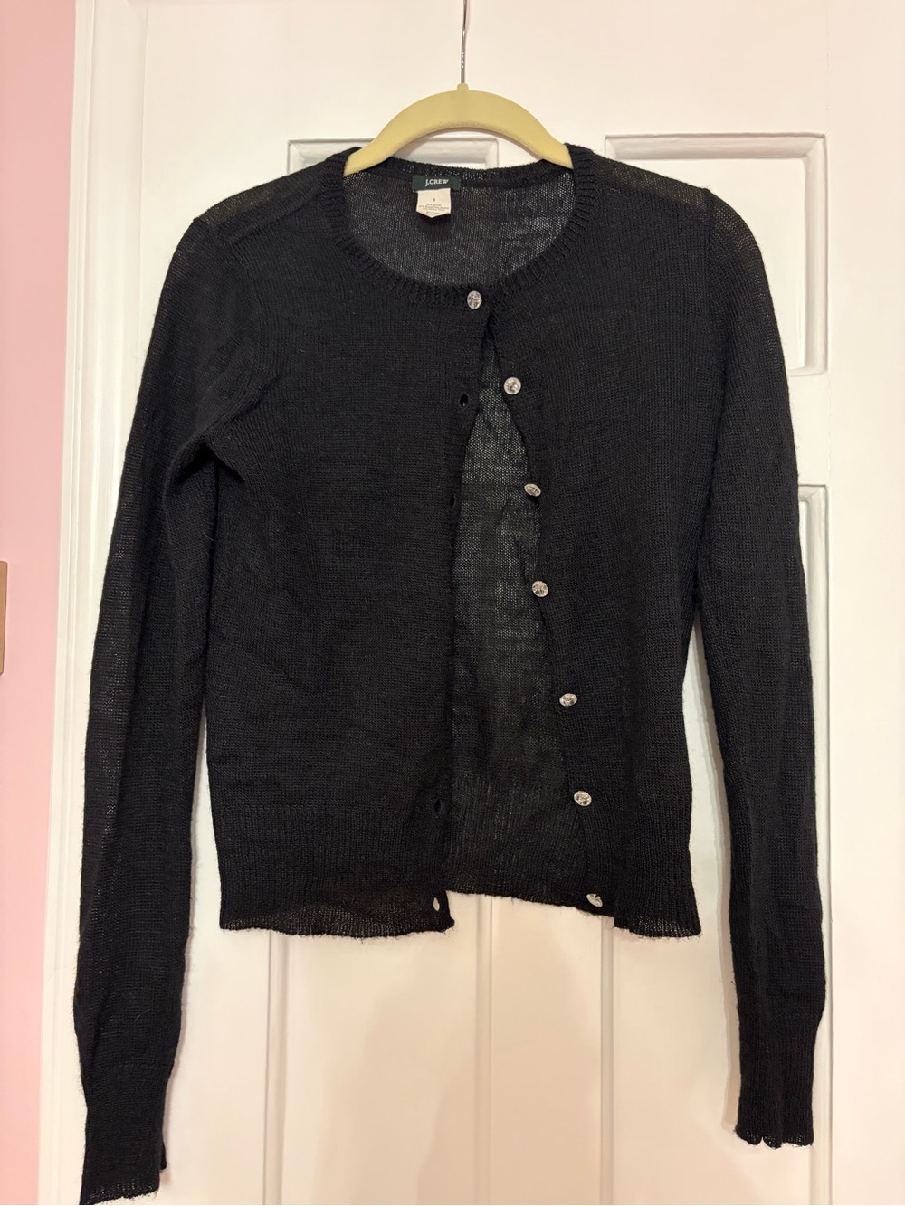 J. Crew Black Lightweight Crewneck Cardigan with Crystal buttons